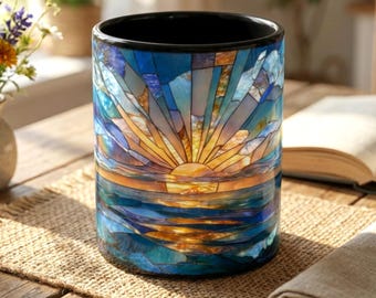 Stained Glass Sunrise Ocean Mug, Black Ceramic Coffee Cup, Beach Sunset Gift, Nature Lover Mug, Coastal Ocean Gift For Her, Motivational Mug