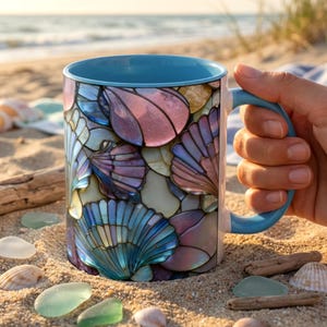 Iridescent Seashell Mug, Stained Glass Ocean Coffee Cup, Beach Lover Gift For Her, Mermaid Aesthetic Mug, Coastal Seashell Gift