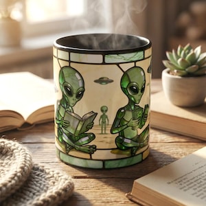 Funny Alien Stained Glass UFO Mug, Alien Lover Gift, Weird Unique Coffee Cup, Sci Fi Gift For Him, Alien Obsessed Gift, Space Lover Mug