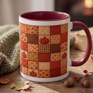 May include: A ceramic mug with a maroon interior and handle, featuring an exterior wrap-around print of a patchwork quilt pattern. The design consists of square blocks in shades of orange, brown, and cream, decorated with pumpkins and leaves.