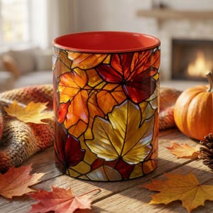 Peut inclure: Une tasse cylindrique avec un motif de feuilles d'automne vibrant. La tasse a un intérieur rouge et est ornée de feuilles colorées dans les tons de jaune, d'orange et de rouge. La tasse est posée sur une surface en bois avec des décorations sur le thème de l'automne.