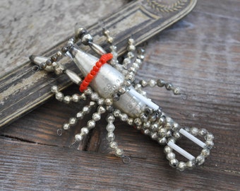 Antique Czech Gablonz Mercury Glass Beaded Christmas Ornament "Lobster"