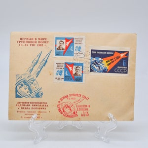 Authentieke speciale gestempelde Sovjet USSR-postenvelop van 11.08.1962 "de eerste vlucht met meerdere schepen van de Sovjet-Vostok 3 en Vostok 4"