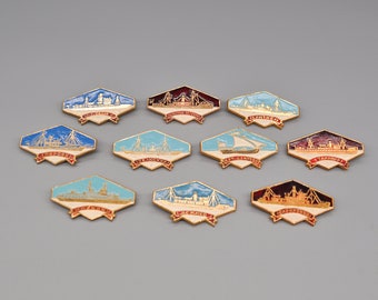 Vintage Soviet USSR Ship Badges. Set of 10.