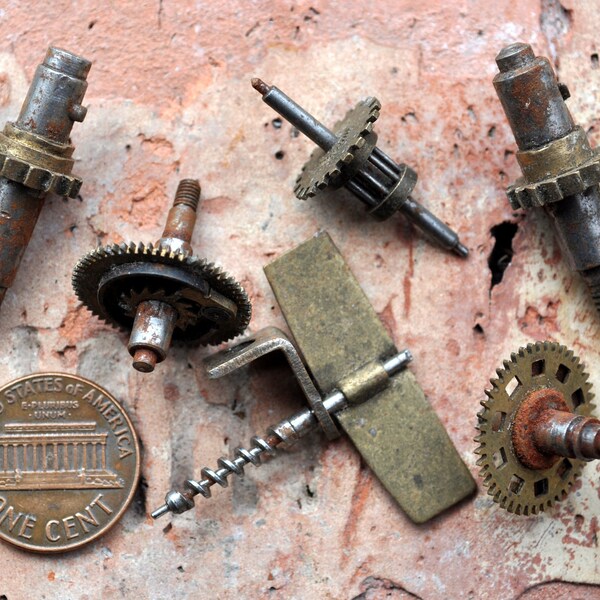 Set of 6 Vintage brass alarm clock parts,gears,wheels,cogs.