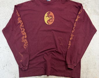 Camiseta vintage de manga larga con estampado de dragón Ocean Pacific OP Surf Wear, años 2000, color burdeos, talla XL