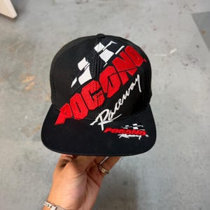 Vintage 1990s Pocono Raceway Nascar Big Logo Snapback Hat Black Red