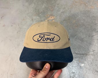 Vintage 1990s Ford Automotive Phillips Ford Strapback Hat Beige Navy