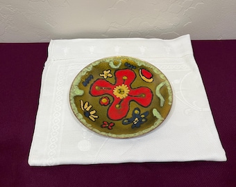 Enamel on Copper MCM Abstract Floral Dish | Trinket Holder | Chartreuse & Red Poppy Flower | Floral | Studio Art | Handmade Modernist Signed