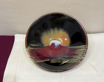 Handmade Studio Pottery Decorative Bowl | Signed Artist Ceramic Dish | Wabi Sabi Modernist Drip | Earthy Volcano Vibe | Glazed Trinket Dish