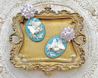 Butterfly Earrings/Blue Cameo Earrings/Blue Earrings/Statement Earrings/Pearl Earrings/Large Cameo Earrings/Large Butterfly Earrings