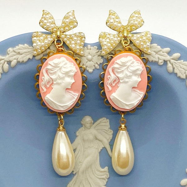 Cameo Earrings/Pink Cameo Earrings/Victorian Earrings/Bow Earrings/Pearl Earrings/Pink Earrings/Statement Earrings/Pearl Bow Earrings/Gift