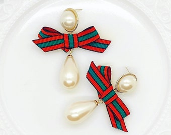 Bow Earrings/Pearl Earrings/Pearl Statement Earrings/Christmas Earrings/Green Earrings/Gift For Her/Red Earrings /Pearl Post Earrings/Bows