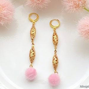 Pom Pom Earrings/Boho Earrings/Trendy Earrings/Gift For Her/Pink Earrings/Pom Flower Earrings/Long Earrings/Spring Earrings/Summer Earrings