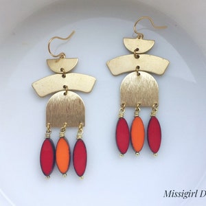 Red Earrings/Orange Earrings/Geometric Earrings/Boho Earrings/Golden Brass Earrings/Statement Earrings/Fringe Earrings/Red Orange Earrings