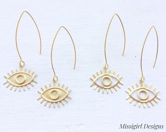 Eye Earrings/Evil Eye Earrings/Statement Earrings/Brass Earrings/Long Earrings/Trendy Earrings/Gift For Her/Mod Earrings/Boho Earrings/Eye