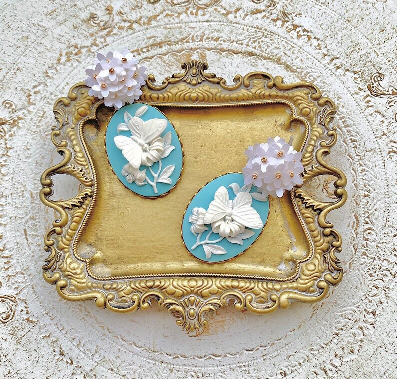 Butterfly Earrings/Blue Cameo Earrings/Blue Earrings/Statement Earrings/Pearl Earrings/Large Cameo Earrings/Large Butterfly Earrings image 4