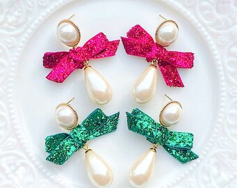 Glitter Earrings/Holiday Earrings/Pearl Earrings/Bow Earrings/Hot Pink Earrings/Fuchsia Earrings/Emerald Green Earrings/Sparkly Earrings