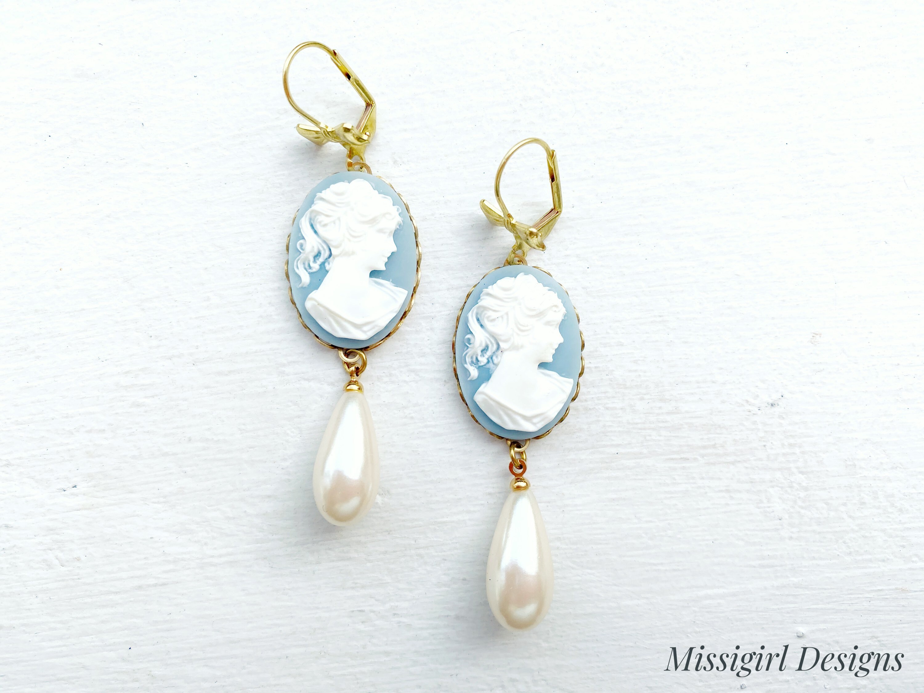 Cameo Pearl Earrings, Blue and White Cameo Earrings, Victorian Jewelry,  Romantic Vintage Style, Regency Jewelry, Pearlcore 