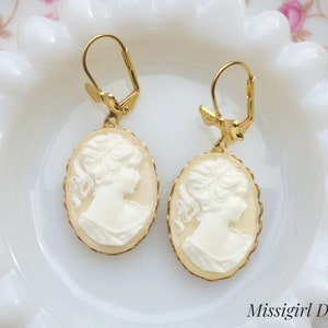 Cameo Earrings/Cream Cameo Earrings/White Cameo Earrings/Downton Abbey Inspired Earrings/Gifts For Her/Bow Earrings/Victorian Earrings