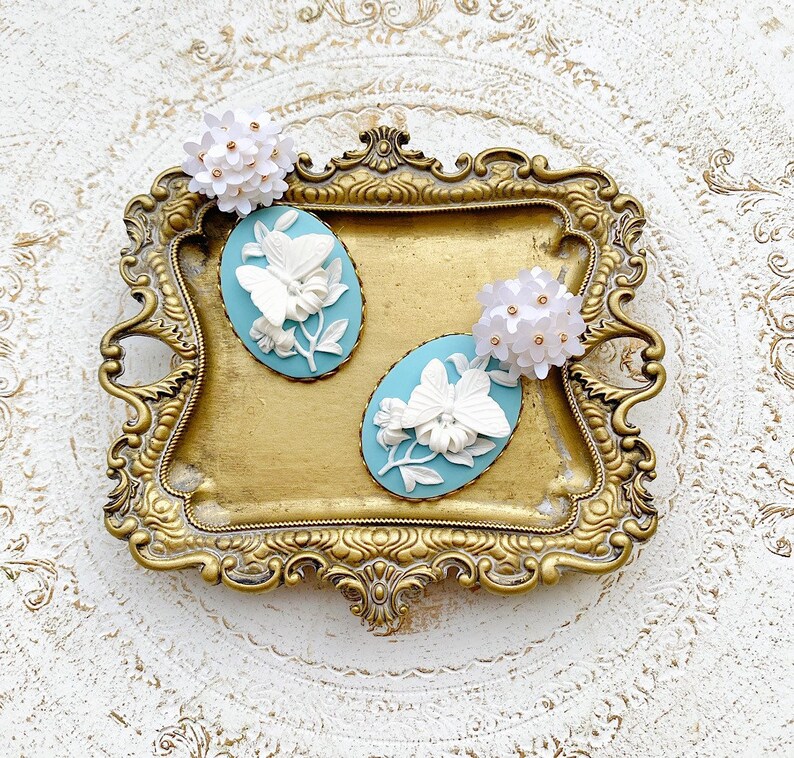 Butterfly Earrings/Blue Cameo Earrings/Blue Earrings/Statement Earrings/Pearl Earrings/Large Cameo Earrings/Large Butterfly Earrings image 2