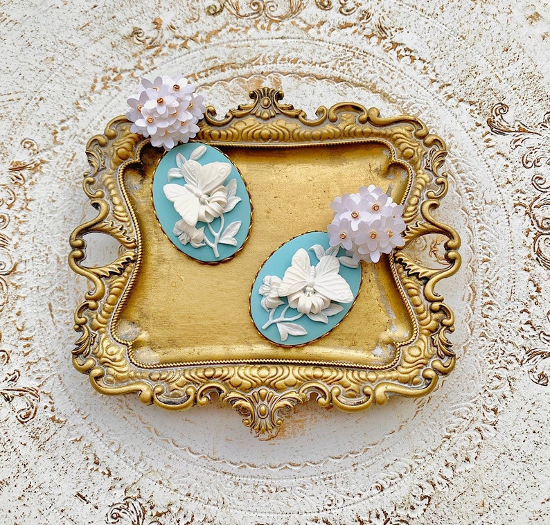 Butterfly Earrings/Blue Cameo Earrings/Blue Earrings/Statement Earrings/Pearl Earrings/Large Cameo Earrings/Large Butterfly Earrings image 3
