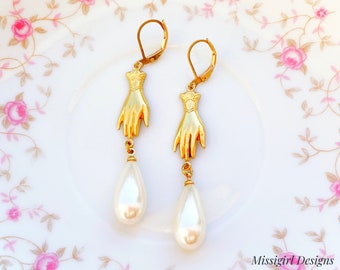 Pearl Earrings/Hand Earrings/Gift For Her/Victorian Earrings/Mothers Day Gift/Long Pearl Earrings/Vintage Pearl Earrings/Kitschy Earrings