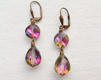 Gifts For Her/Crystal Earrings/Leverback Earrings/Teardrop Earrings/Bridesmaid Earrings/Purple Earrings/Pink Earrings/Dangle Earrings