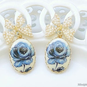 Cameo Earrings/Cameo and Pearl Earrings/Blue Cameo Earrings/Pearl Earrings/Gift For Her/Blue Earrings/Bow Earrings/Flower Earrings