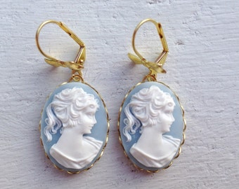 Cameo Earrings/Wedgwood Blue Earrings/Blue Cameo Earrings/Downton Abbey Inspired Earrings/Gifts For Her/Bow Earrings/Victorian Earrings/