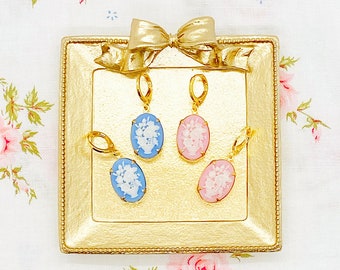 Cameo Earrings/Floral Earrings/Pink Earrings/Flower Earrings/Pink Cameo Earrings/Vintage Cameo Earrings/Petite Earrings/Blue Cameo Earrings