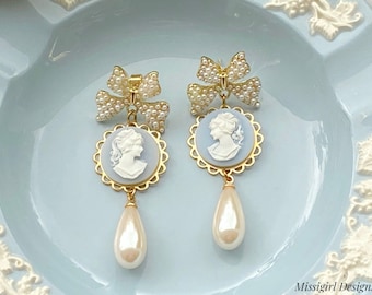 Cameo Earrings/Blue Cameo Earrings/Victorian Earrings/Bow Earrings/Pearl Earrings/Wedgwood Blue Cameo Earrings/Statement Earrings