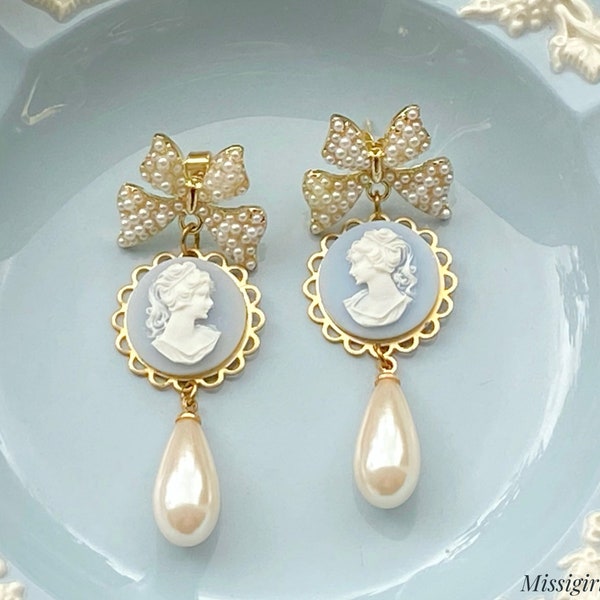 Cameo Earrings/Blue Cameo Earrings/Victorian Earrings/Bow Earrings/Pearl Earrings/Wedgwood Blue Cameo Earrings/Statement Earrings