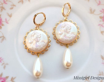 Cameo Earrings/Cameo and Pearl Earrings/Pearl Cameo Earrings/Downton Abbey Inspired Earrings/Gifts For Her/Victorian Earrings/Pearl Earrings