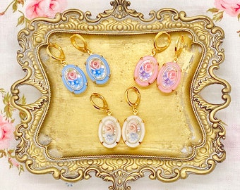 Cameo Earrings/Floral Earrings/Pink Earrings/Flower Earrings/Pink Cameo Earrings/Vintage Cameo Earrings/Petite  Earrings/Blue Cameo Earrings
