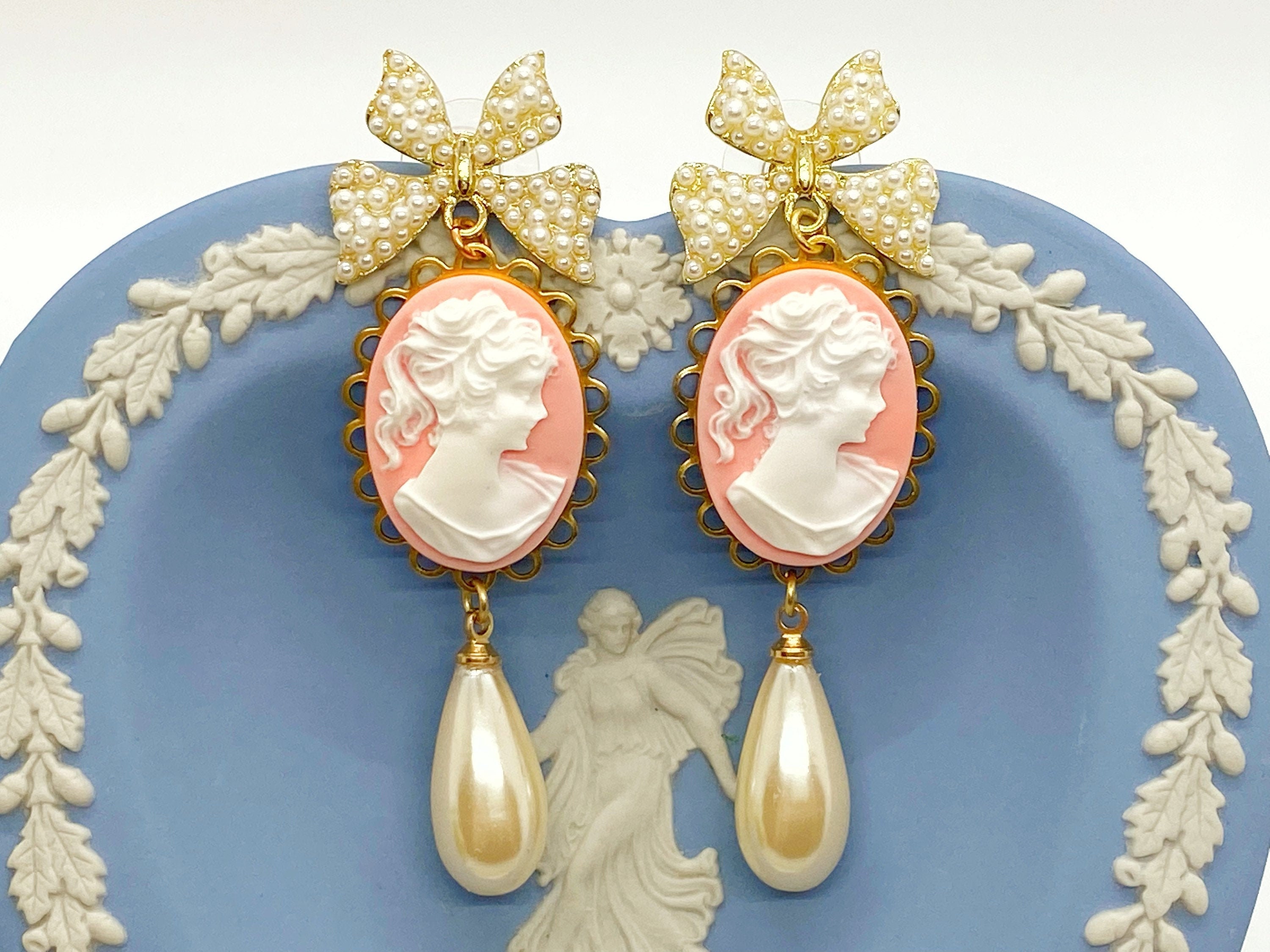Cameo Earrings/pink Cameo Earrings/victorian Earrings/bow Earrings