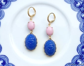 Cobalt Blue Earrings,Pink Earrings,Scarab Earrings,Dark Blue Earrings,Vintage Earrings,Blue Glass Earrings,Beetle Earrings,Egyptian Earrings