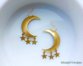 Moon Earrings/Golden Brass Earrings/Brass Geometric Earrings/Boho Earrings/Modern Dangle Earrings/Crescent Moon Earrings/Star Earrings