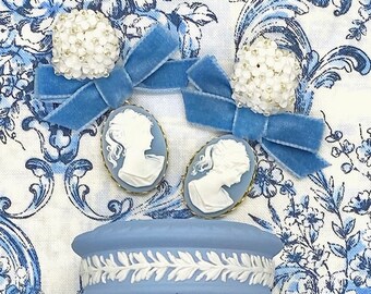 Bow Earrings/Cameo Earrings/Blue Cameo Earrings/Ribbon Earrings/Floral Earrings/Gift For Her/Blue Earrings/Blue Bow Earrings/Gift For Her