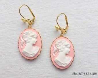 Cameo Earrings/Pink Earrings/Pink Cameo Earrings/Vintage Inspired Earrings/Gifts For Her/Bow Earrings/Victorian Earrings/Cameo Jewelry