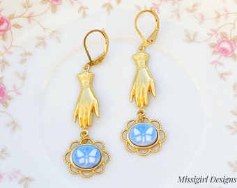 Cameo Earrings/Hand Earrings/Butterfly Earrings/Blue Earrings/Blue Cameo Earrings/Gifts For Her/Petite Earrings/Victorian Earrings