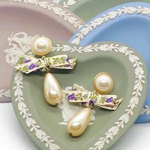 Bow Earrings/Pearl Earrings/Pearl Statement Earrings/Floral Ribbon Earrings/Gift For Her/Purple Earrings/Green Earrings/Ribbon Earrings/Blue