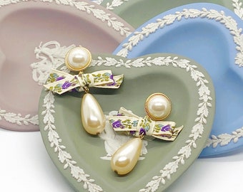 Bow Earrings/Pearl Earrings/Pearl Statement Earrings/Floral Ribbon Earrings/Gift For Her/Purple Earrings/Green Earrings/Ribbon Earrings/Blue
