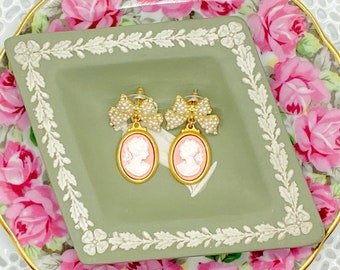 Cameo Earrings/Cameo Dangle Earrings/Pink Cameo Earrings/Gifts For Her/Victorian Earrings/Cameo Jewelry/Pink Earrings/Bow Earrings