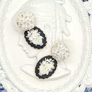 Black Cameo Earrings/Black Earrings/Flower Earrings/White Flower Earrings/Black and White Earrings/Cameo Earrings/Post Earrings/Gift For Her