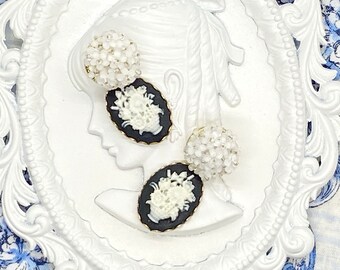 Black Cameo Earrings/Black Earrings/Flower Earrings/White Flower Earrings/Black and White Earrings/Cameo Earrings/Post Earrings/Gift For Her