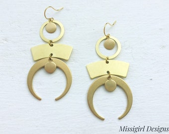 Golden Brass Earrings/Geometric Earrings/Brass Geometric Earrings/Boho Earrings/Modern Dangle Earrings/Long Earrings/Modern Gold Earrings