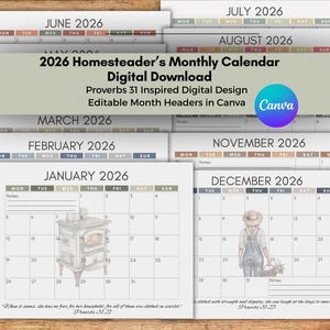 Puede incluir: Una pila de calendarios mensuales de 2026 con un diseño rústico. Los calendarios presentan ilustraciones y el texto "2026 Homesteader's Monthly Calendar Digital Download" y "Proverbs 31 Inspired Digital Design". El logotipo de Canva también es visible.