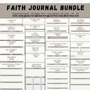 May include: A digital download faith journal bundle with 30 pages. The journal includes sections for prayer, Bible study, sermon notes, gratitude, and devotionals. The pages are in US Letter, A5, and A4 sizes.