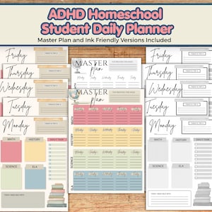 Puede incluir: Planificador diario para estudiantes de educación en casa con TDAH, incluye versiones Master Plan e Ink Friendly. Contiene páginas diarias de lunes a viernes con secciones para matemáticas, historia, ciencias, lengua y tareas en diseños a color y blanco y negro.